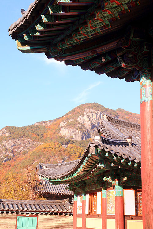  Colorful scenery of Unmunsa Temple in autumn attracts many visitors.  